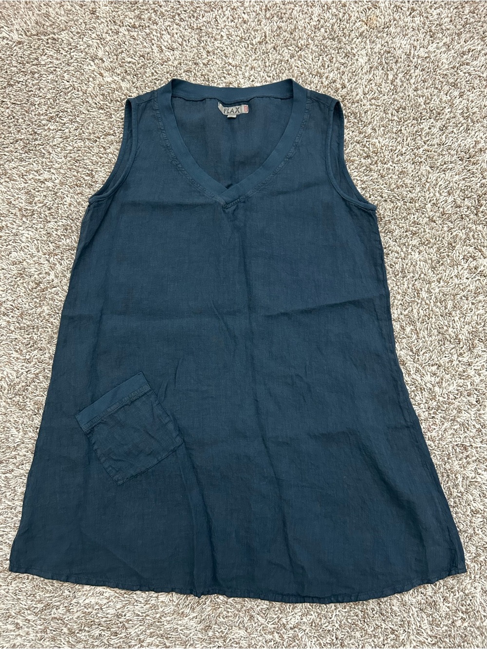 FLAX 100% Linen Live In Tunic V Neck Pocket Navy Womens Size Small